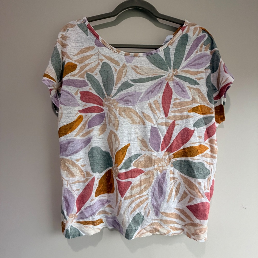 Nicole Miller Floral Linen Top Women Medium Short Sleeve Lightweight Coastal